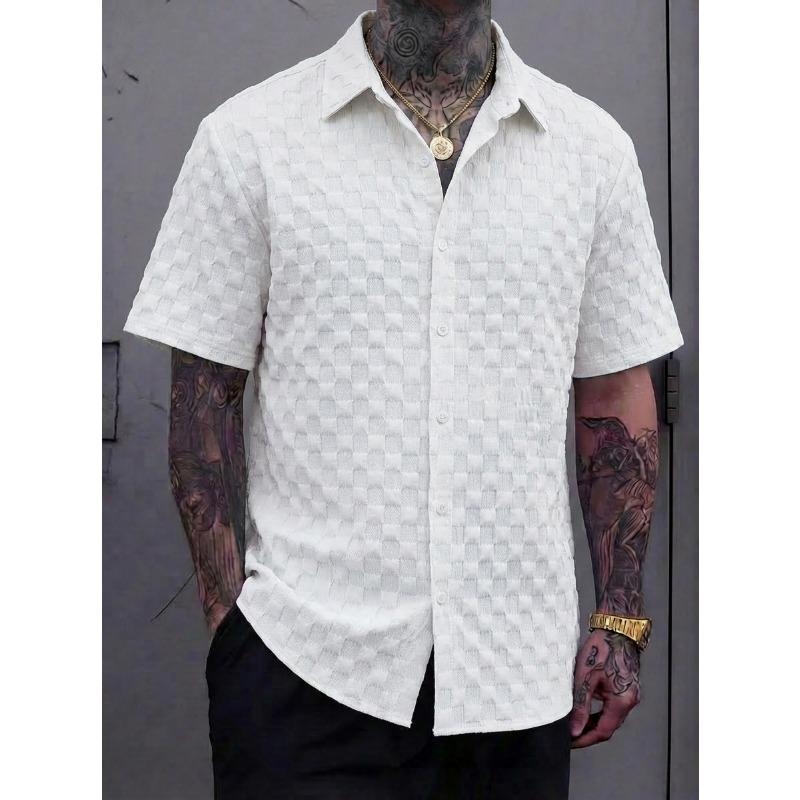 Mens Jacquard Short Sleeve Lapel Casual Check Fashion Shirt