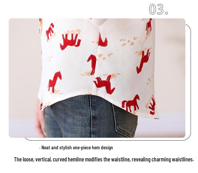 Women's French Retro Pony Print Chiffon Shirt - Elegant Designer Spring/Autumn 2026 Style