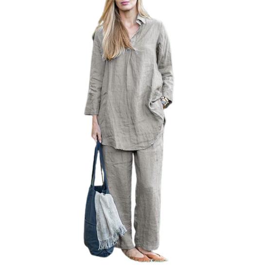 2 Pcs/Set Women Shirt Pants Set Solid Color Lapel Long Sleeve Wide