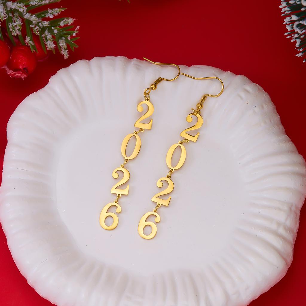 Stainless Steel Number 2026 Pendant Drop Earrings for Women Minimalist Gold Color Geometric Earring New Year Jewelry Gifts