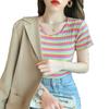 New Spice Girl Sexy Pure Desire Striped Short Sleeve T-Shirt Slim and Skinny High Waist Fungus Edge Top ins Women