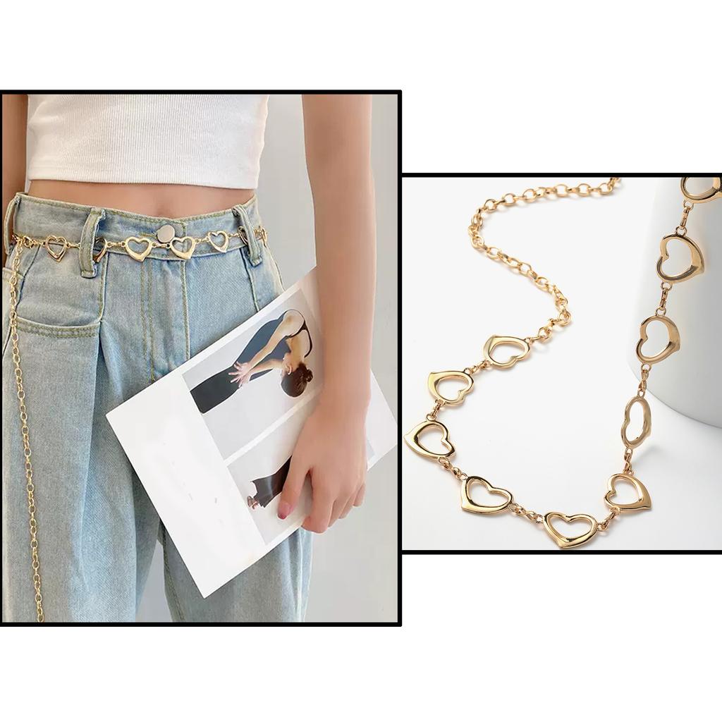 Women Metal Waist Chain, Heart & Flower Hollow Chain Belt, Adjustable Alloy Waistband with Ball Pendant for Dress Jeans