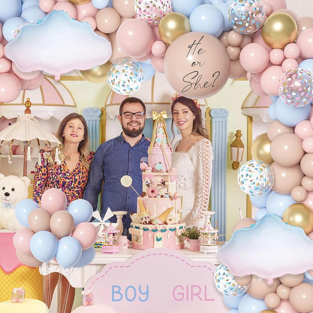 Amandir 185Pcs Gender Reveal Decorations, Double-Stuffed Pastel Pink and Blue Brown Nude Balloon Arch Kit White Cloud Hanging Moon Star Garland Boho