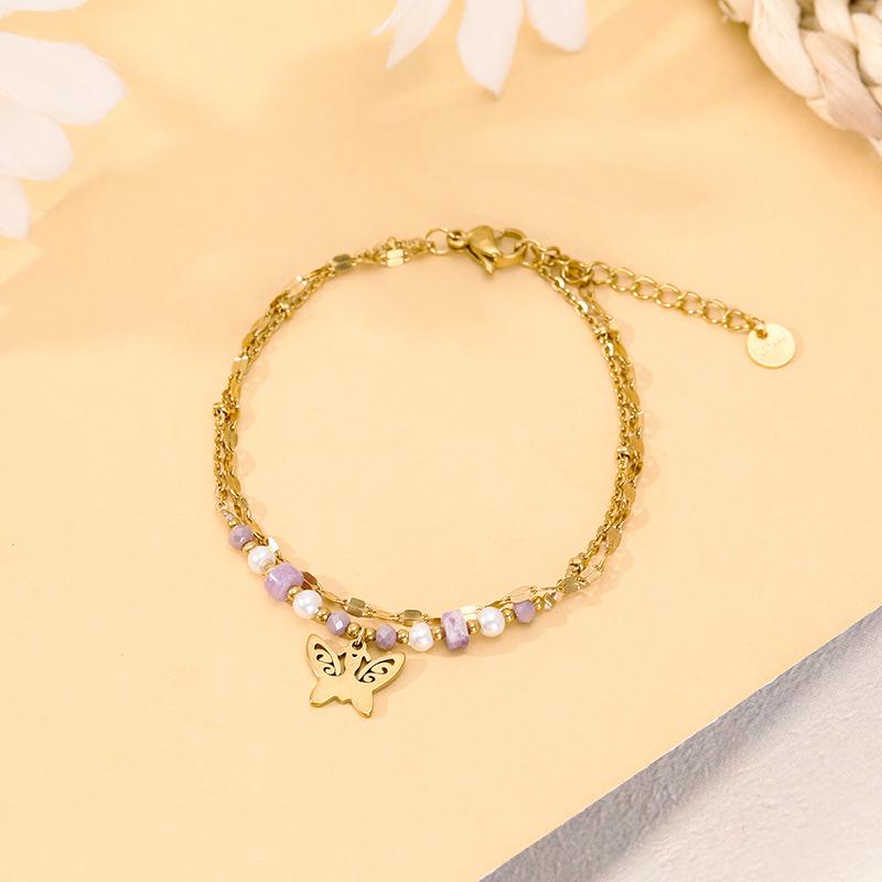 Stainless Steel Butterfly Bracelet: Double-Layer, Light Luxury Design with Natural Stone for Versatile Fashion