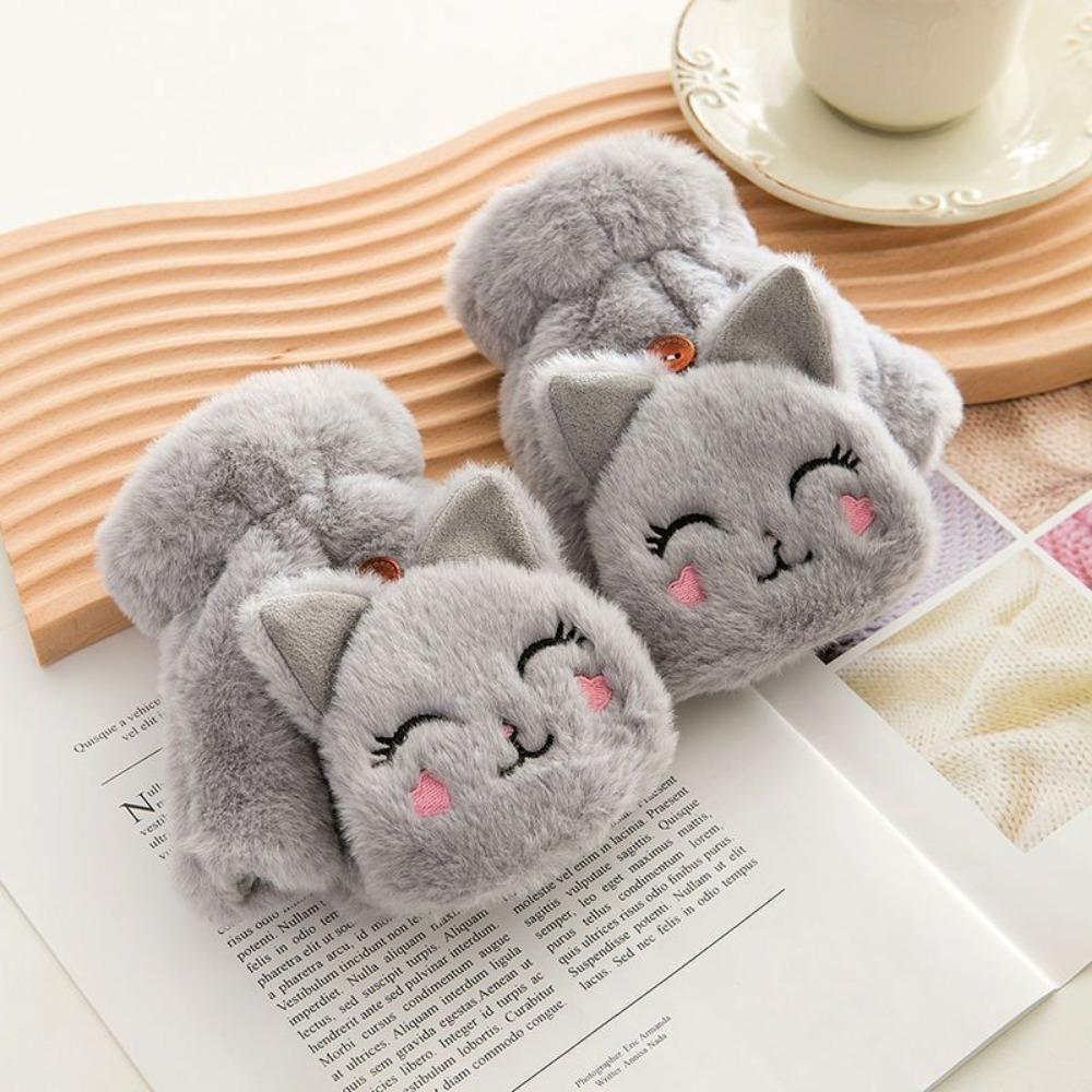 Gloves women's autumn and winter cute riding Korean version of trendy cartoon velvet thickened student male writing flip gloves keep warm