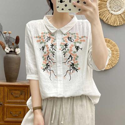 Chemise à manches trois-quarts en fil de coton double couche pour l'été pour femmes, style forêt, style artistique, haut en pur coton frais brodé, blouses et chemises
