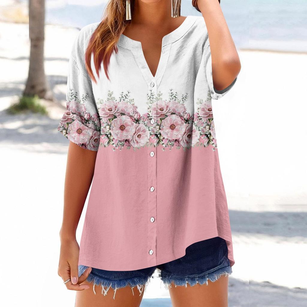 Women's loose printed stand collar short-sleeved cotton and linen top