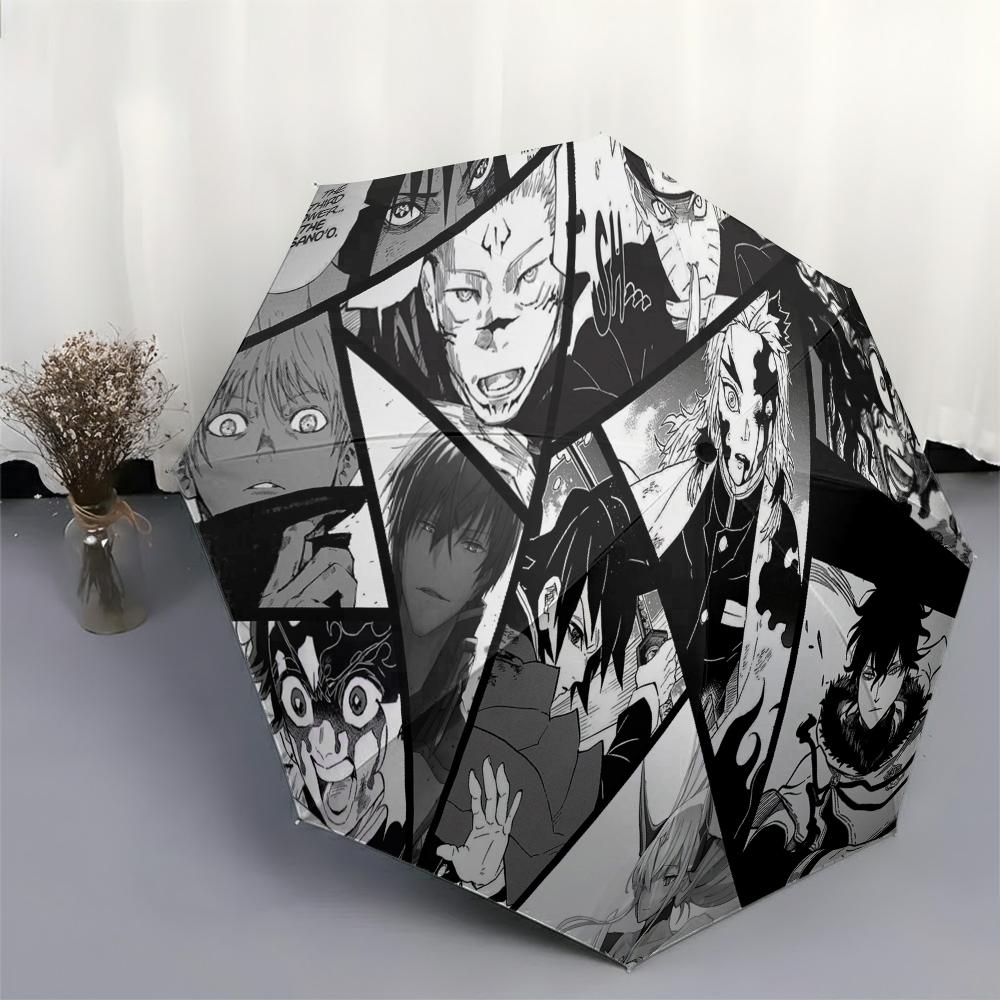 Demon Slayer Kimetsu no Yaiba Nezuko Kamado (Bunny Ears) & Tanjiro Kamado (Tanuki Ears) Chibi Cute Print White Folding Umbrella
