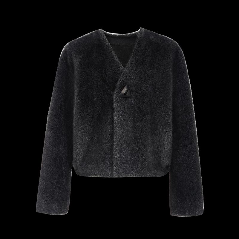 TaTu Women's Winter V-Neck Plush Long Sleeve Short Coat