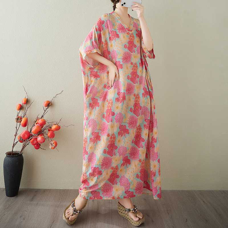 V-neck Retro Long Skirt Cotton Linen Dress for Women