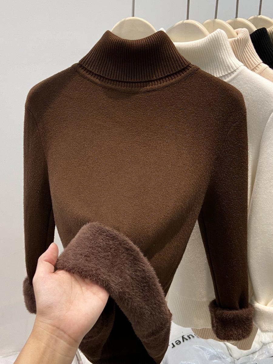

Осень и зима новый флисовый свитер с полувысоким воротником, базовая рубашка, женский интегрированный флис утолщенный, теплый и стройнящий, вязаный внутри One size fits all [recommended 80-60kg] темно-коричневого