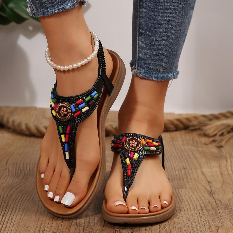 Summer new flat-bottomed pinch rhinestone sandals women