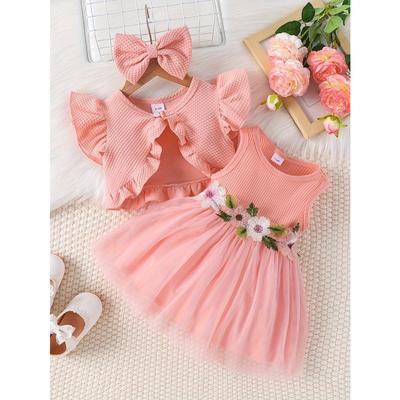 Traje de Vestido para Bebé Niña 0-3 Años Nuevo Conjunto de Verano para Bebé Niña Vestido de Malla Bordada + Chaqueta + Tocado