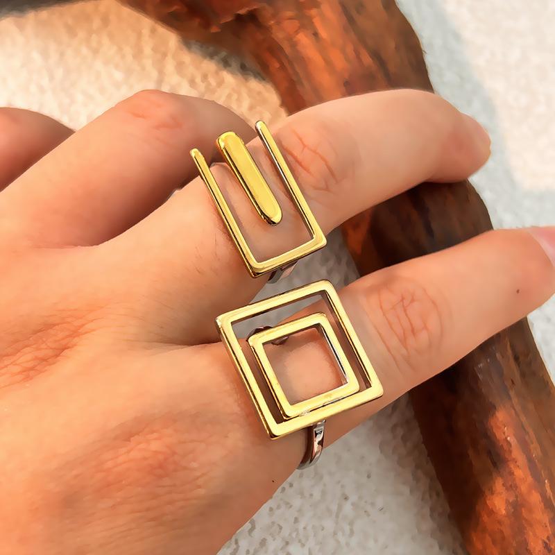 Stainless Steel Square Shaped Opening Rings for Women Men Geometric Gold Silver Color Splicing Rings Party Jewelry Accessories