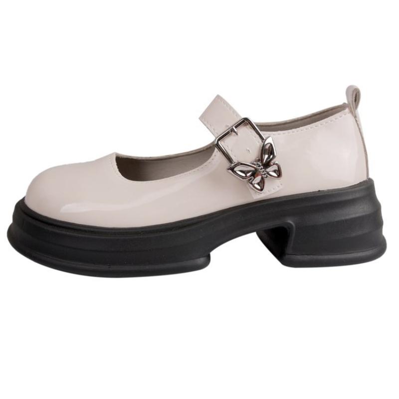 Franske Mary Jane-sko med høye hæler for kvinner, Retro, Enspennelukning, Allsidig sløyfe, Tykksålede, Chunky-hælede skinnsko