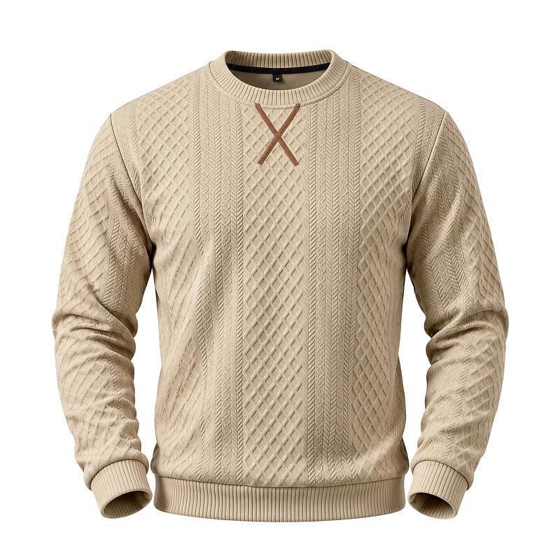 Men's Geometric Jacquard Textured Crew Neck Sweatshirt, Long Sleeve X Stitch Decor Casual Pullover Top for Daily Wear
