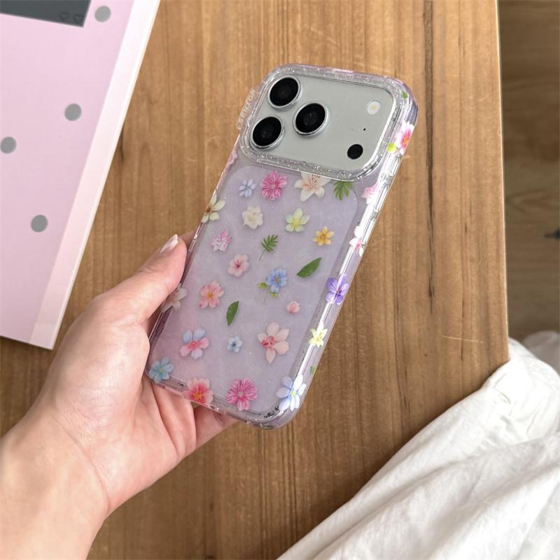 Cute Kawaii Purple Glitter Floral Phone Case For iPhone 17 16 15 14 Pro Max Pastel Flower Print Protective Cover for Girls