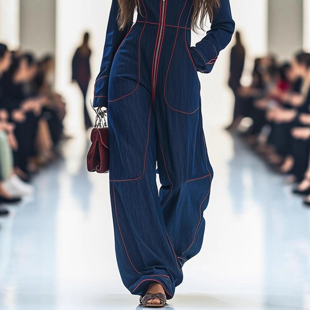 Women's Zip Up Long Sleeve Denim Jumpsuit Slim Fit V Neck Wide Leg Jumpsuit With Pockets