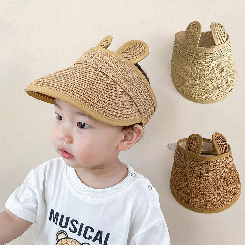 Cartoon Empty Top Straw Hat Baby Summer Wide Brim Sun Protection Cap with Ears Outdoor Anti-UV Kids Boy Girl Visor Caps