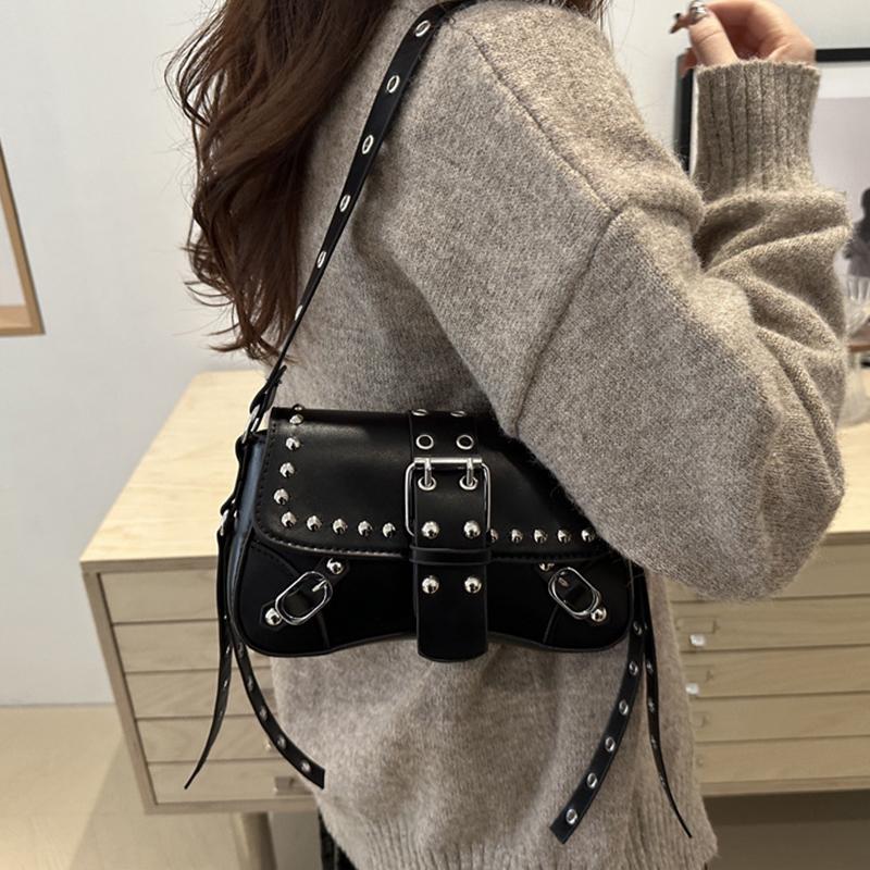 Yogodlns Trendy Motorcycle Punk Style Shoulder Bag for Women Solid Color Fashion Rivet Commuter Small Square Underarm Bag