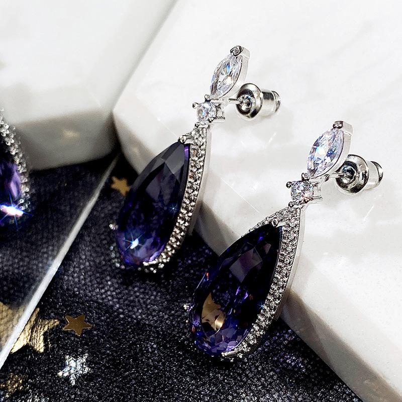 Silver Halo Purple Teardrop CZ Dangle Earrings Marquise Top Tanzanite Color Crystal Drop Earrings Women Luxury Wedding Jewelry