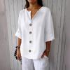 Women's Fashion Casual V-Neck Buttoned 3/4 Sleeve Cotton Linen Top