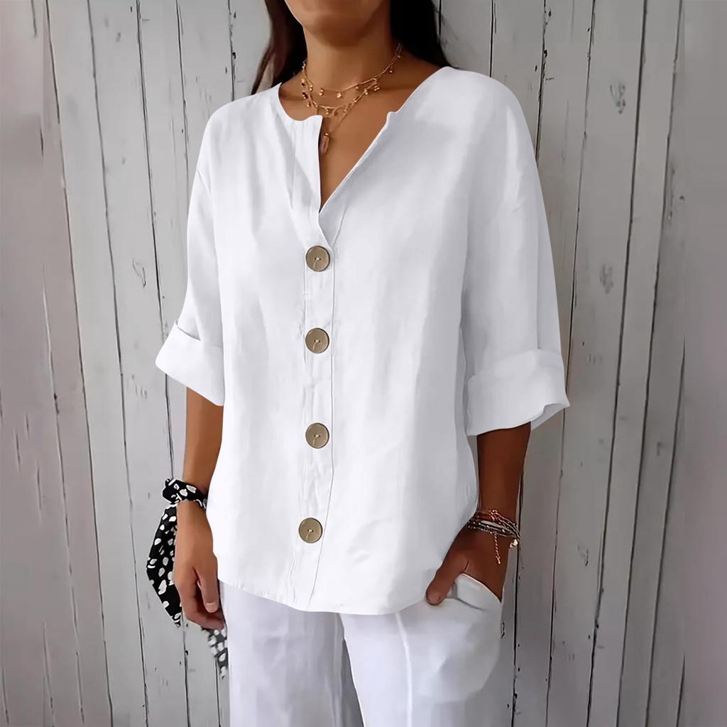 Women's Fashion Casual V-Neck Buttoned 3/4 Sleeve Cotton Linen Top