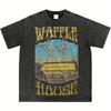 Bellelement Waffle House Vintage Acid Wash T-Shirt Hip Hop Tee Tops Men's T-Shirt Black Casual Crew Neck Cotton Tee