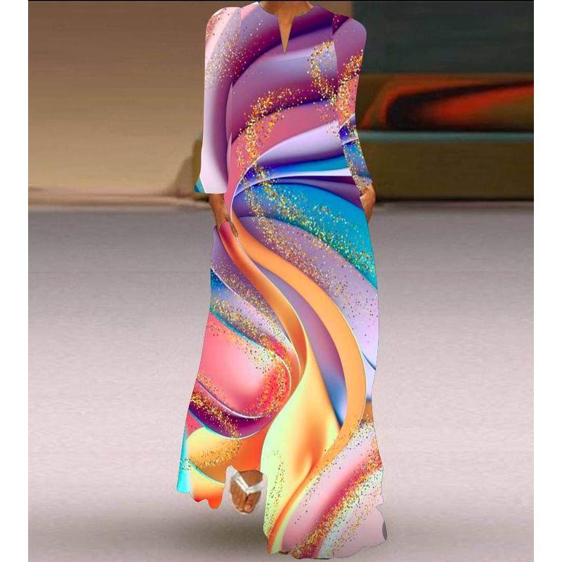 Long Sleeve Dress New Fashion Women's Clothing 3D Colorful Printing Stage Show Travel Photo Pocket V Neck Dress