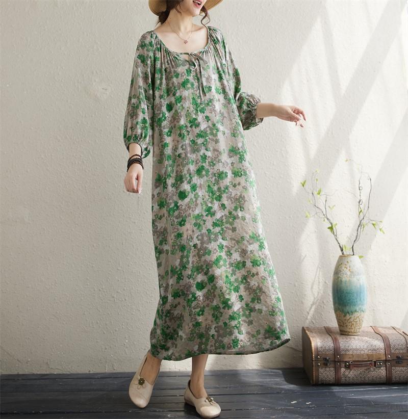 Krátký rukáv Plus size Bavlněné vintage květinové nové šaty pro ženy ležérní volné dlouhé letní šaty