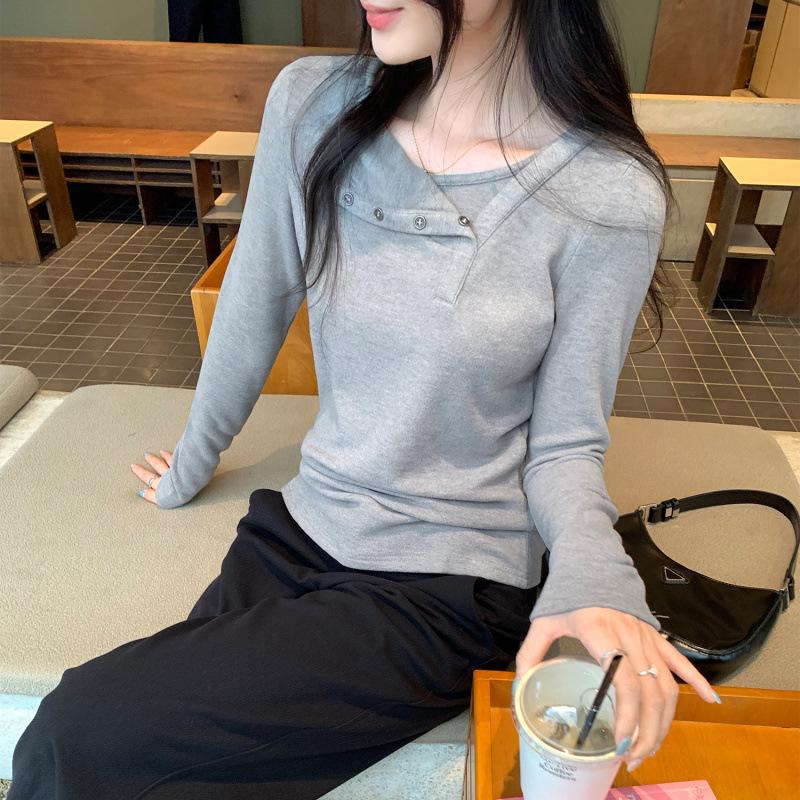 Women's Long-Sleeve Off-Shoulder Button-Up Base Layer Top - Stylish Autumn/Winter 2026 Arrival