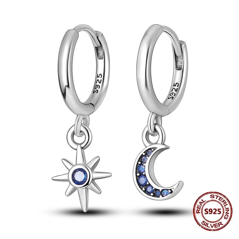 Bright Starry Star Hoop Earrings 925 Silver Original Star Moon Zircon U Shape Earrings For Women Engagement Jewelry