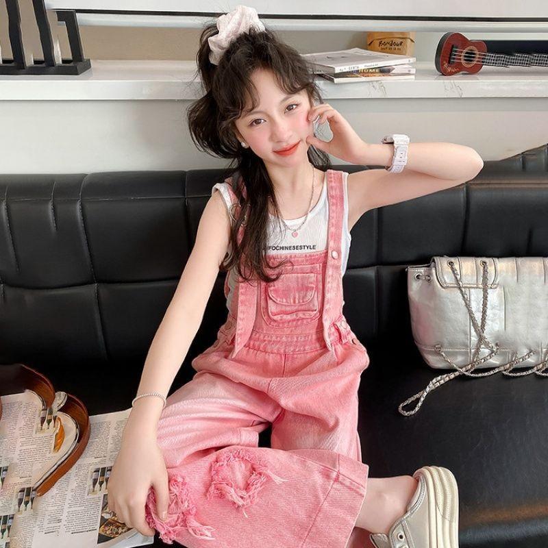  Kids Girls Denim Overalls Casual Wide Leg Star Embroidered Jumpsuit For Children