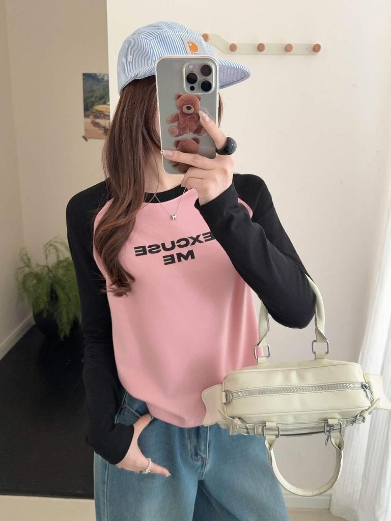 Lu Si Women's Spring Raglan Sleeve Color Block Letter Base Layer, Versatile Slimming Long Sleeve Casual Top