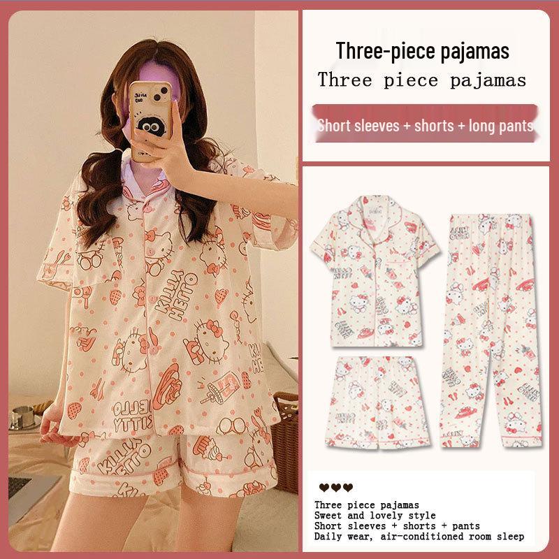 Kuromi Japanese-Style Cotton Pajamas: Women's Summer Lapel Sweet Cardigan Homewear Three-Piece Set