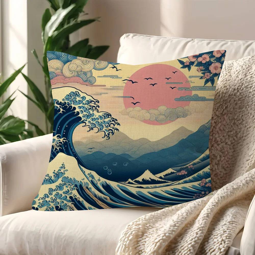 Vintage Hokusai Waves Cushion Cover Inches Farmhouse Decor Home Throw Pillow Covers For Couch Decorations