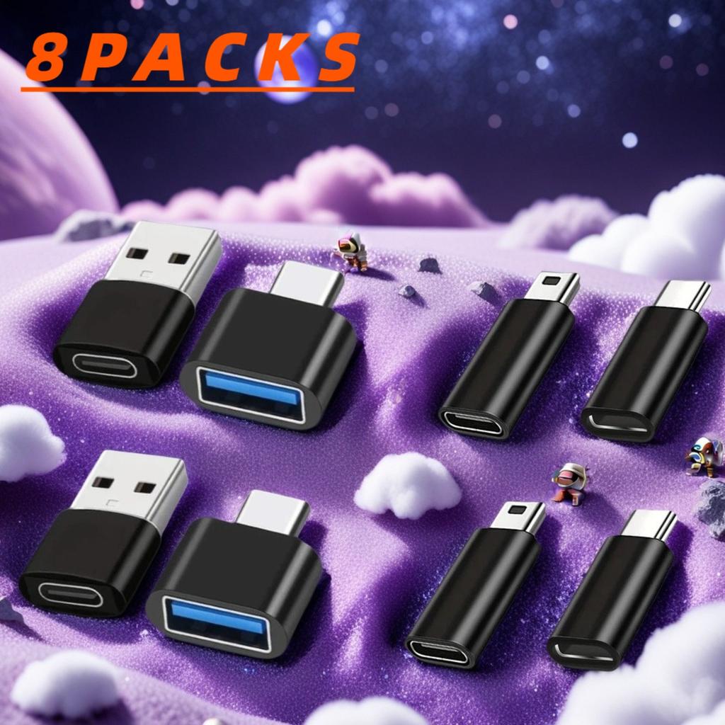 4-in-1 USB C Adapter Kit – USB-C To USB-A Male & Female, Mini USB To Type-C, Lightning, OTG Travel Set (4/8 Pack)
