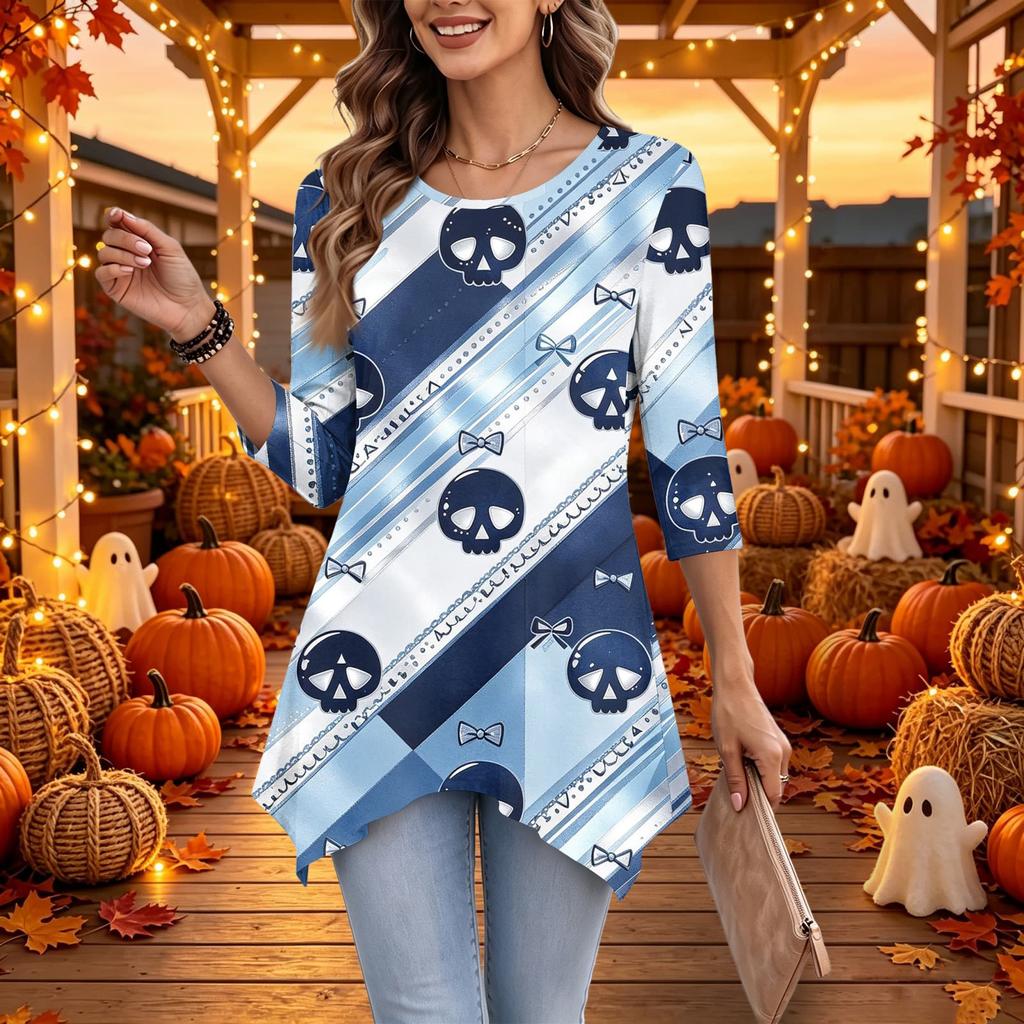 Women's Halloween Print 3/4 Sleeve Loose Fit Casual Top – Fun Holiday Party Tunic Blouse