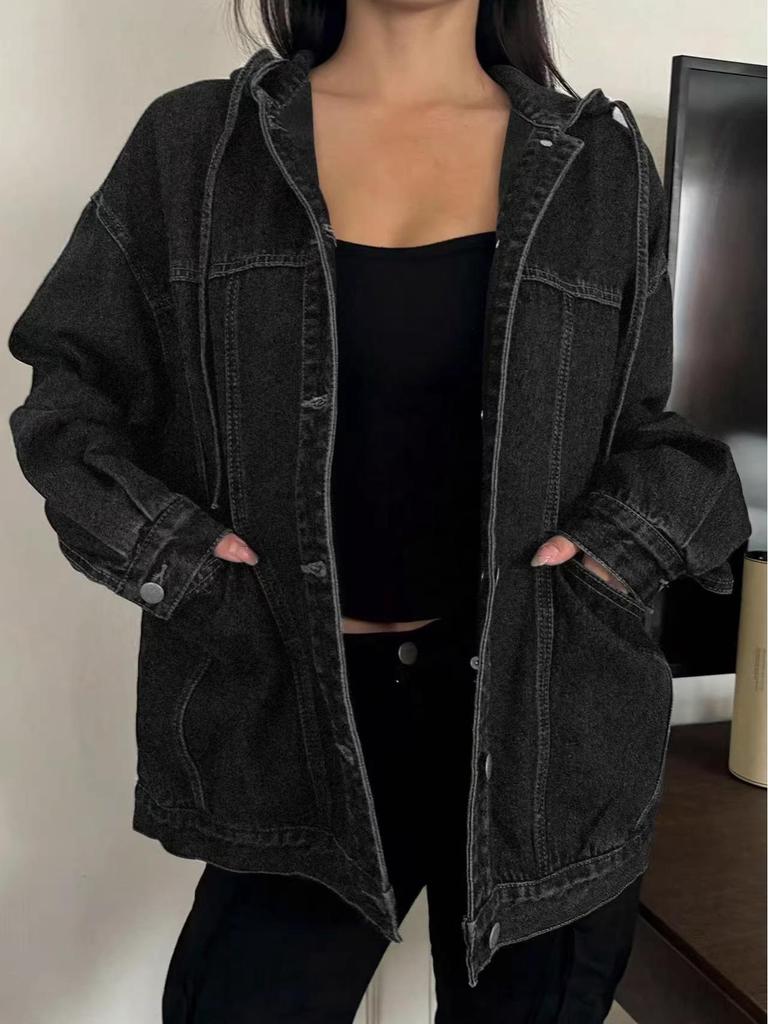 Women's Retro Black Hooded Denim Jacket - Early Spring Fashion for Europe