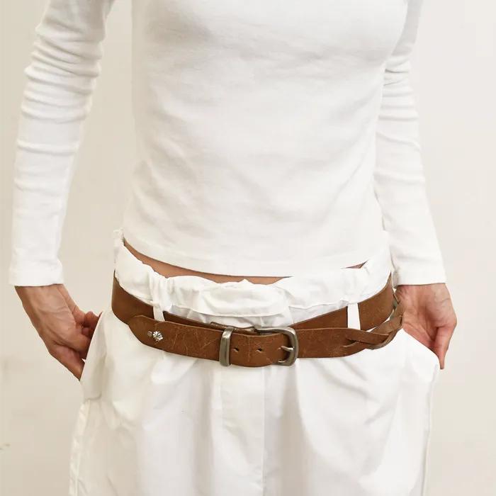 Layered Weaving Leather Belt ( Brown )