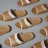 Woven Rattan Slippers With Soft Linen Lining, Casual Open Toe Slip On Shoes, Comfortable Indoor Home Slides
