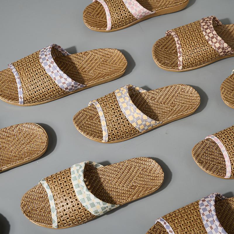 Woven Rattan Slippers With Soft Linen Lining, Casual Open Toe Slip On Shoes, Comfortable Indoor Home Slides