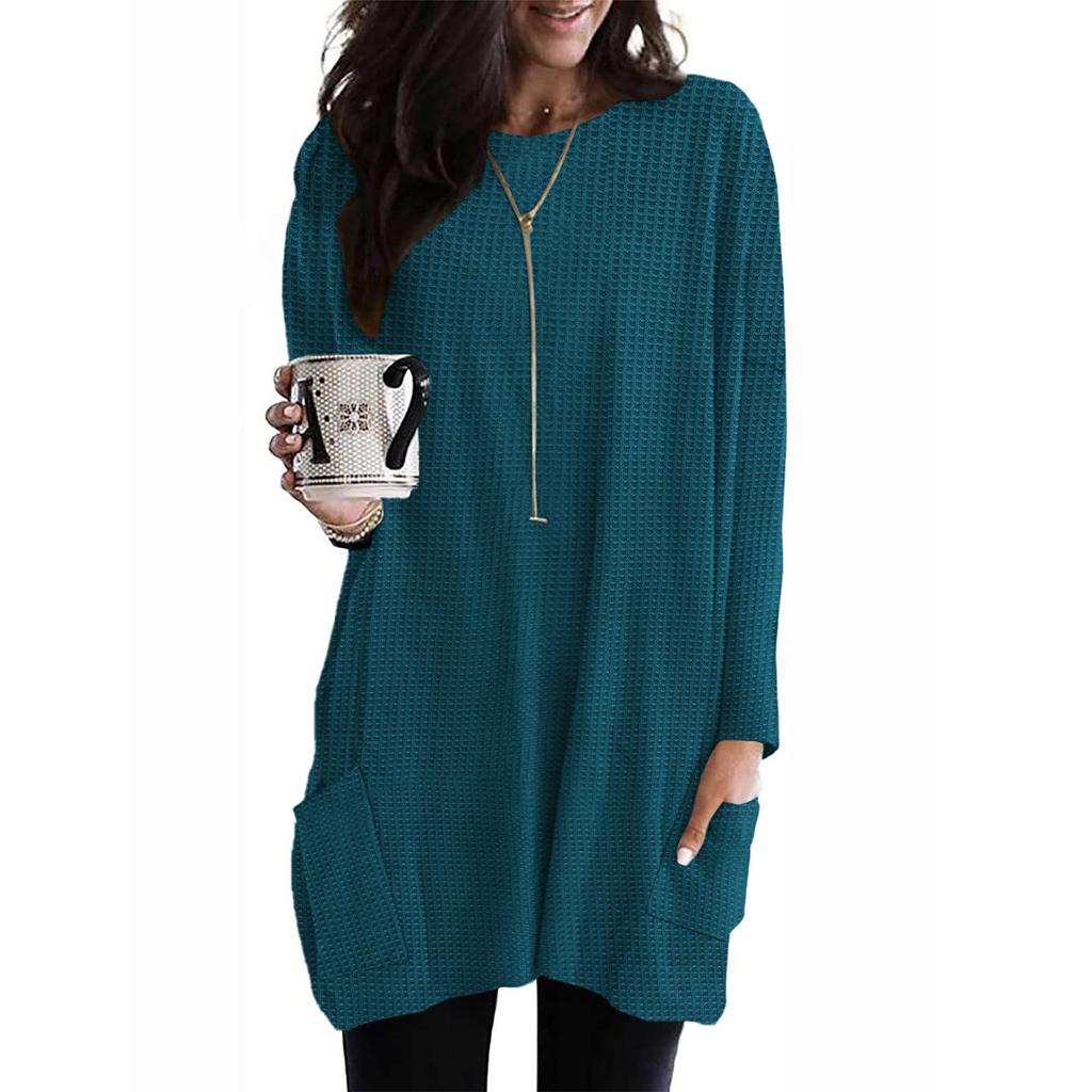 Dame Mote Rund Hals Lomme Mellomlang Casual Ensfarget Langermet Topp