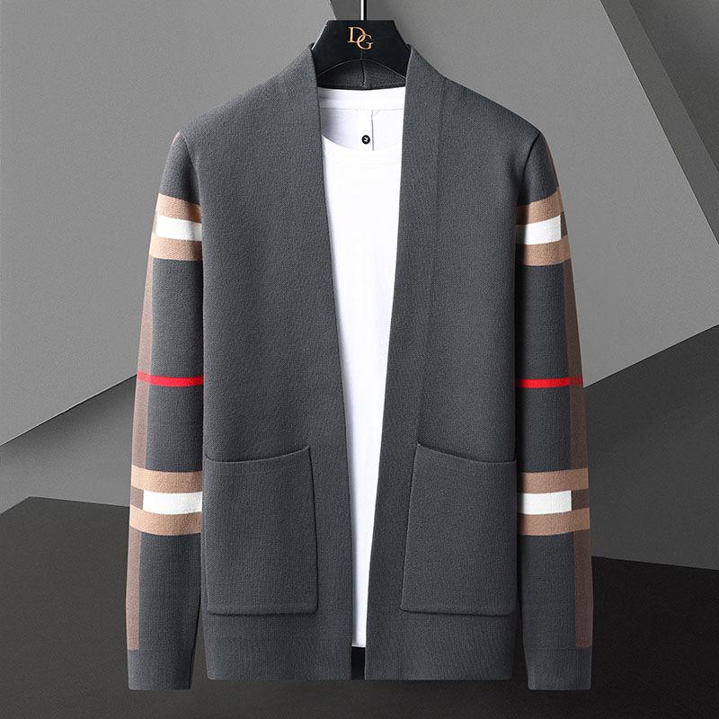 Men's Knitted Cardigan Sweater Slim Fit Autumn and Winter V-Neck Plaid Line Casual Jacket