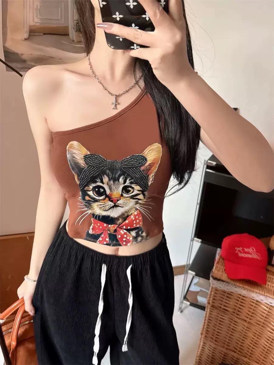 Spicy Girl 3D Cat Print One-Shoulder Slimming All-in-One with Chest Pads One Size (suitable for 80-125 jin) коричневый