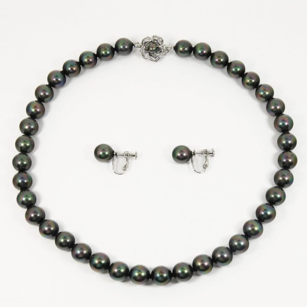 [Your and My Jewelry Box] Black Pearl Necklace and Earring Set, 10mm Peacock Color  Black Mother-of-Pearl Pearls, 10.0mm Up, 45cm Size Made In Japan