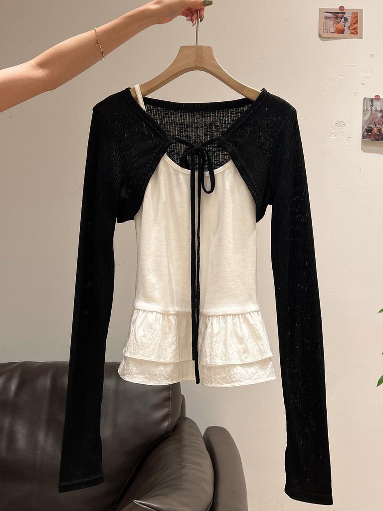 Korean great-looking U-neck lace hem vest, sling women's stacked wear lace-up sunscreen cardigan, two-piece top autumn