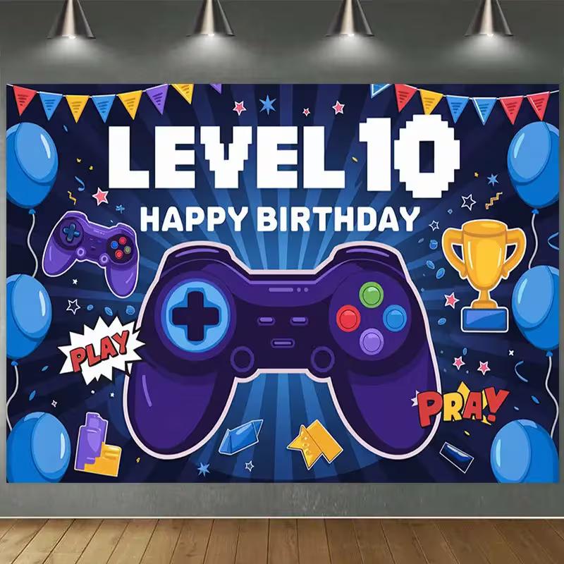 

2D Level 10 Happy Birthday Tapestry Video Game Party Background Cloth 47.2x31.5inch/120*80cm