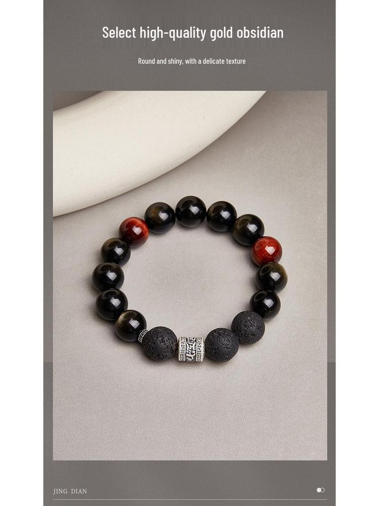 Sterling Silver Volcanic Stone, Gold Obsidian, Red Tiger Eye Men's Beaded Retro Bracelet - Elegant Gift for Boyfriend