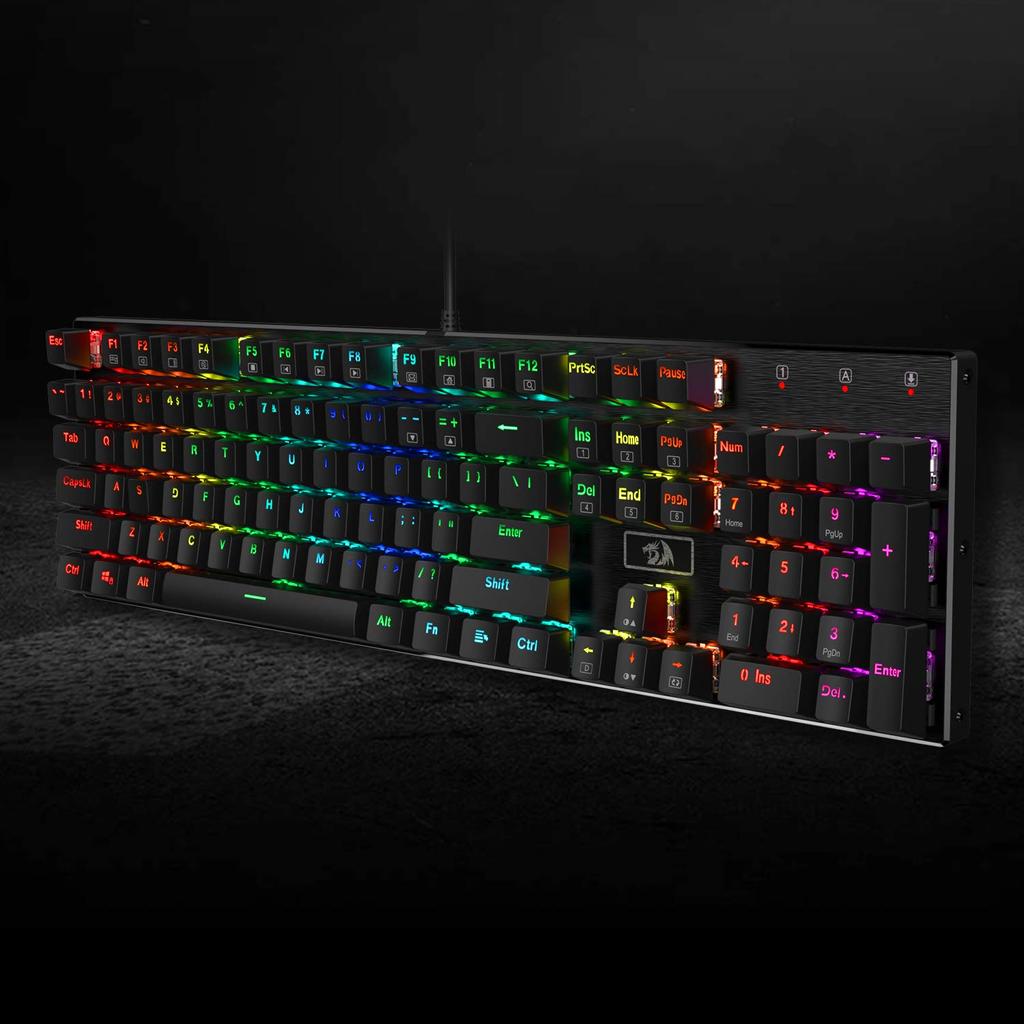 Redragon K556 RGB LED cu iluminare din spate, cu fir, mecanice pentru jocuri mecanice, prizele modernizate din aluminiu și tastatură moale, tactilă maro, comutatoare cu 104 taste.